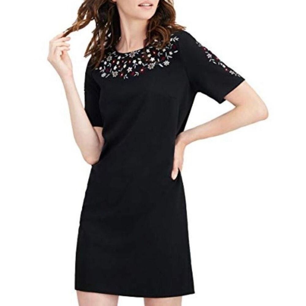 NWT Calvin Klein Shift Dress Women's 14 Black Embroidered Floral Short Sleeve
